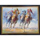 Framed oil painting of a horse race signed lower right corner 70 cm x 53 cm (size including frame)