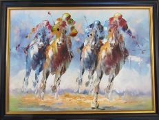 Framed oil painting of a horse race signed lower right corner 70 cm x 53 cm (size including frame)