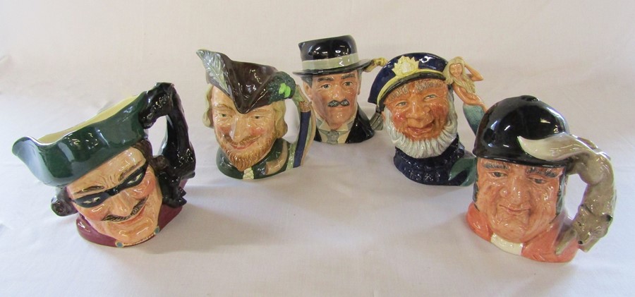 5 large Royal Doulton character jugs - Dick Turpin D 6528, Robin Hood D 6527, Gone Away D 6531,