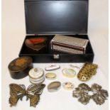 Selection of decorative boxes, brass glasses case & 2 belt clasps