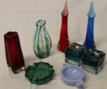 Mdina twisted clear glass vase with blue and green inclusions, similar candlesticks, malachite glass