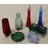 Mdina twisted clear glass vase with blue and green inclusions, similar candlesticks, malachite glass