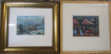 Diana Eveleigh RCA framed watercolour of a cart and harbour signed and dated 1923 53 cm x 49 cm &