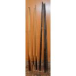 4 snooker cues & 3 metal cases (two with names - Joe Davis & E J Riley Ltd Maker Accrington 'The