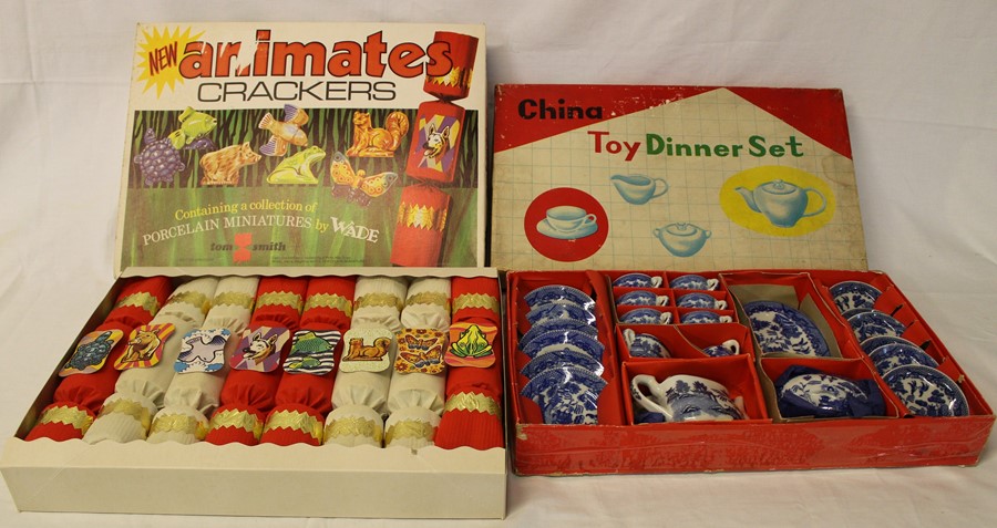 Toy China blue and white tea set in original box & Animates crackers - boxed and complete containing