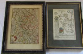 Framed Robert Morden map of Lincolnshire 24.5 cm x 30.5 cm & a framed Lincolnshire road strip map of