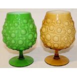 Pair of green and yellow thought to be Empoli oversized cased glass goblets
