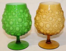 Pair of green and yellow thought to be Empoli oversized cased glass goblets