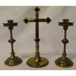 Small late Victorian brass crucifix set with red glass cabochons H 23.5 cm & a pair of