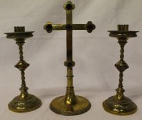 Small late Victorian brass crucifix set with red glass cabochons H 23.5 cm & a pair of