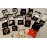 Selection of costume jewellery brooches, pair of silver earrings etc.