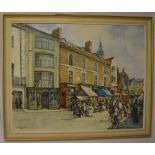 Framed oil on canvas painting of the Cornmarket, Louth by W L Rodgerson STAC dated 1974 84 cm x 70