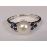 9ct white gold sapphire and pearl ring size N