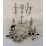 Assorted silver plate inc candelabra, napkin rings and cruet sets