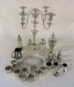 Assorted silver plate inc candelabra, napkin rings and cruet sets