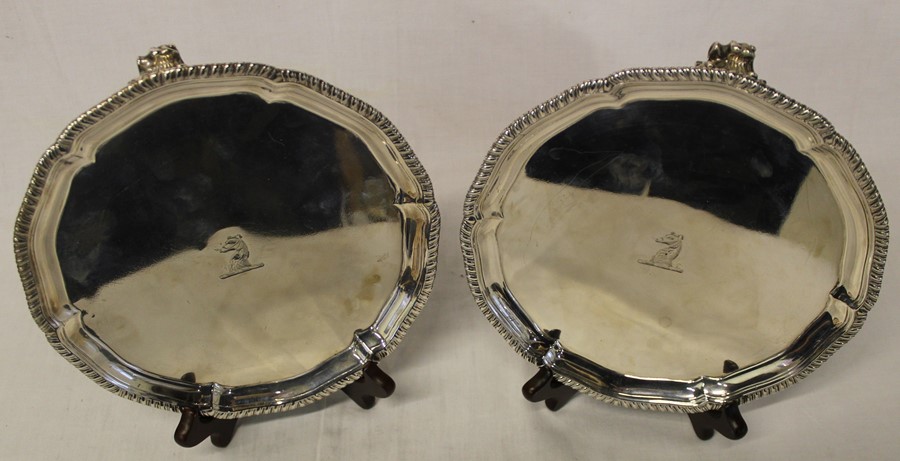 Pair of Victorian silver salvers / card trays London 1846 total weight 36.14ozt (with central