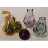 Murano glass flower, 2 small vases (1 bearing makers label) & Phoenician glass apple