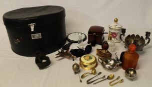 Vanity case containing scent bottles, ebony hand mirror, novelty lighter, dressing table pot, silver