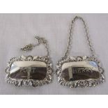 2 silver decanter labels - Port and Sherry (Port Birmingham 1967 - chain needs reattaching, Sherry