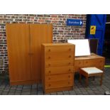 Stag light oak bedroom suite comprising wardrobe, dressing table, stool & chest of drawers
