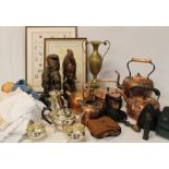 Selection of brassware, linen, copper kettles, 2 modern framed samplers, Grimsby pen & ink