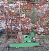 Various hand tools, tractor seat, plunger & hand truck