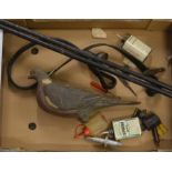 Vintage wooden pigeon decoy (some damage), shotgun cleaning rods etc