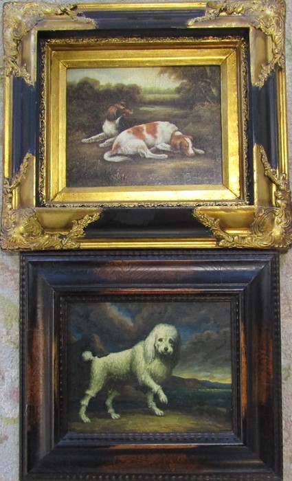 Framed oil painting of a dog (unsigned) 39 cm x 34 cm & a gilt framed print of two spaniel type dogs