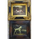 Framed oil painting of a dog (unsigned) 39 cm x 34 cm & a gilt framed print of two spaniel type dogs