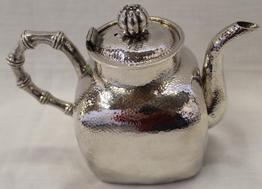 Chinese export silver 4 piece tea service, of rounded square shape with hammered decoration, bearing - Image 3 of 12