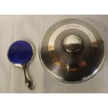 Small silver hand mirror with enamel decoration Birmingham hallmark & silver and bakelite pin pot
