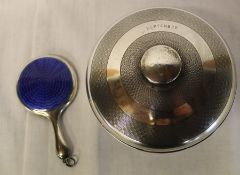 Small silver hand mirror with enamel decoration Birmingham hallmark & silver and bakelite pin pot