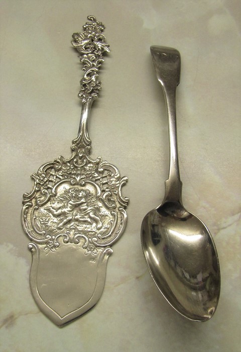 Georgian silver dessert spoon London 1811 weight 1.19 ozt and a Continental silver cake slice marked