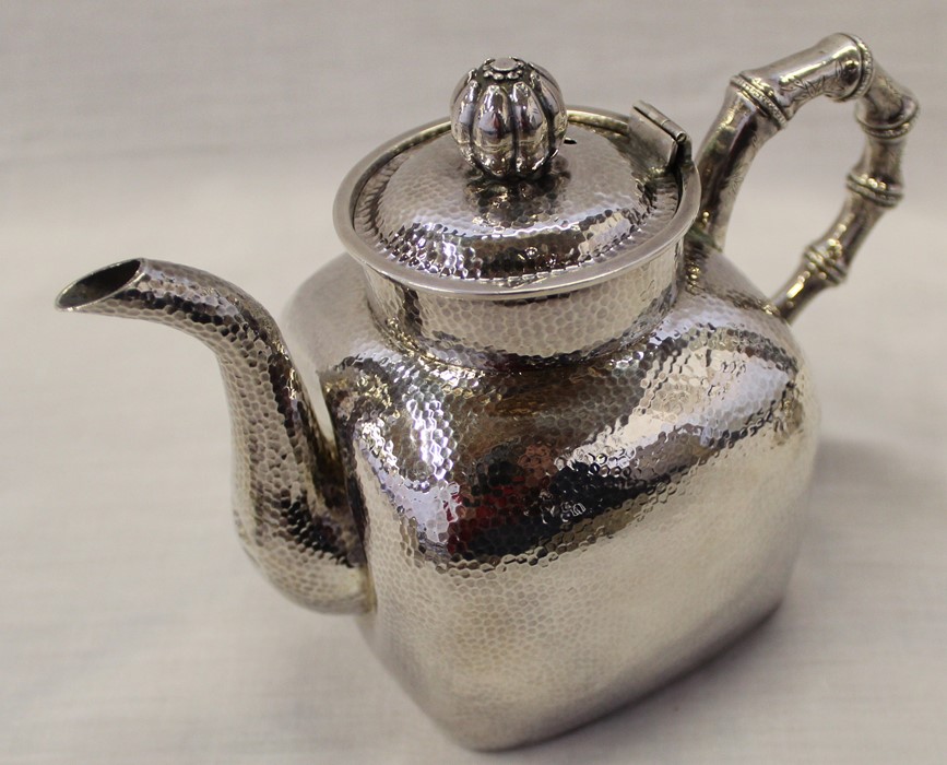 Chinese export silver 4 piece tea service, of rounded square shape with hammered decoration, bearing - Image 8 of 12