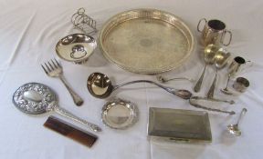 Assorted silver plate inc circular tray, toast rack & ladle