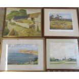 2 landscape watercolours inc Mildred Hill & two prints