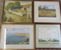 2 landscape watercolours inc Mildred Hill & two prints