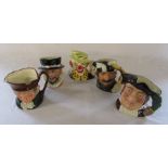 5 Large Royal Doulton character jugs - Old Charley D 5420, Beefeater D 6206, The Clown D 6834, The