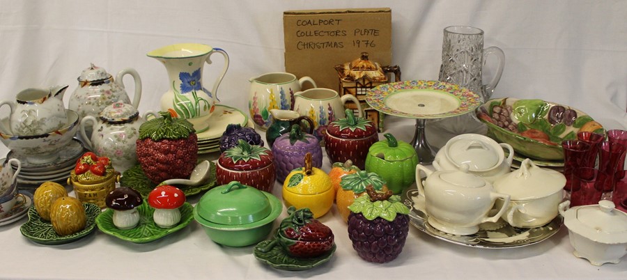 Selection of mixed ceramics and glassware including hand painted jugs, fruit ware, cranberry