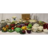 Selection of mixed ceramics and glassware including hand painted jugs, fruit ware, cranberry