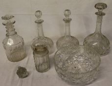 Four nineteenth century clear glass decanters, pickle pot & cut glass bowl