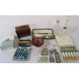 Various ceramics inc Royal Crown Derby, glass decanters, wooden tea caddy, silver plate, assorted