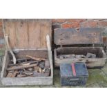 2 wooden boxes of hand tools and a small tin trunk (some woodworm)