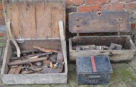 2 wooden boxes of hand tools and a small tin trunk (some woodworm)