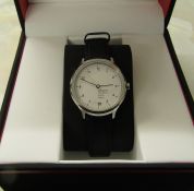 Boxed ladies Mondaine Helvetica Swiss made white dial watch with black strap and associated