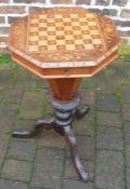 Victorian sewing table with ornate inlaid checker board top