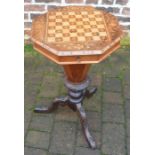 Victorian sewing table with ornate inlaid checker board top
