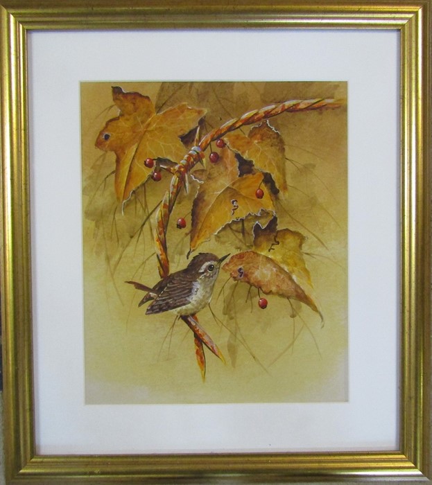 Framed watercolour of a wren sitting on a branch 40 cm x 46 cm (size including frame)