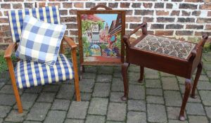 Oak framed embroidered firescreen, piano stool, small upholstered armchair & a child's rocking chair