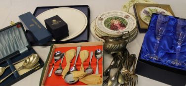 Royal Worcester Contessa platter & cake slice, egg coddler, champagne flutes, plated cutlery,